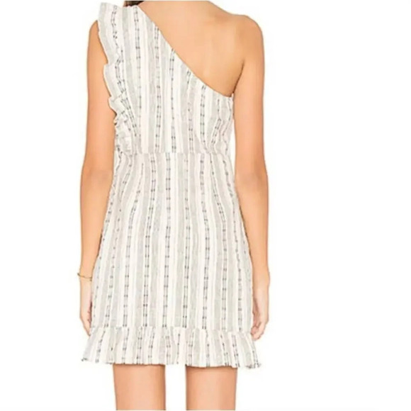 Linen Blend Sleeveless One Shoulder Mini Dress Ruffle Pinstripe Black & white S - Picture 14 of 14